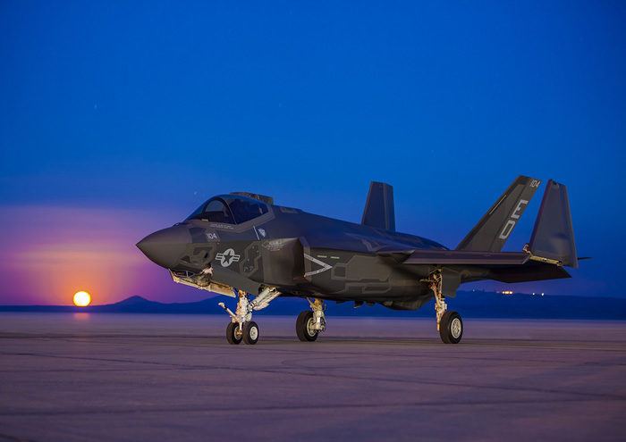 F-35 on runway at twilight
